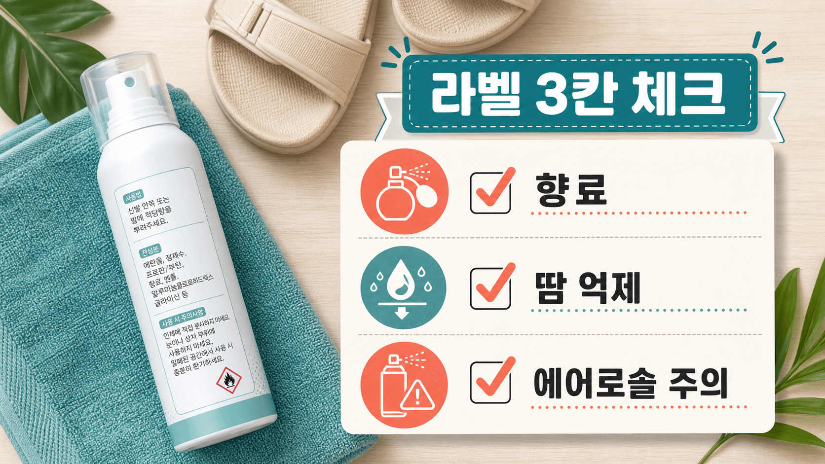 풋스프레이 라벨에서 향료, 땀 억제, 에어로솔 주의 문구를 확인하는 라벨 지도