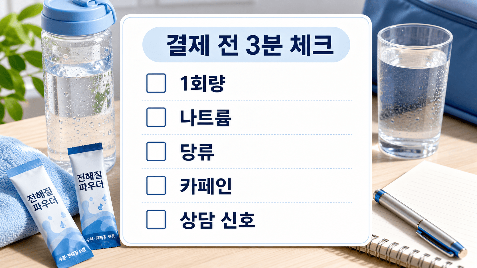 전해질 분말 결제 전 1회량, 나트륨, 당류, 카페인, 상담 신호를 확인하는 체크시트