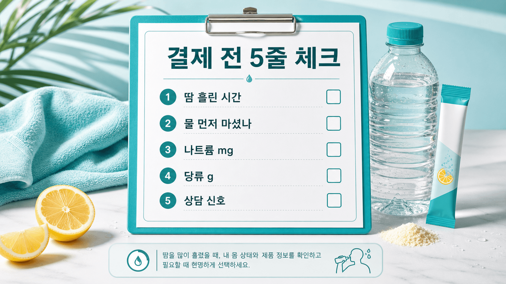 전해질 파우더를 결제하기 전 땀 흘린 시간, 물, 나트륨, 당류, 상담 신호를 확인하는 체크리스트