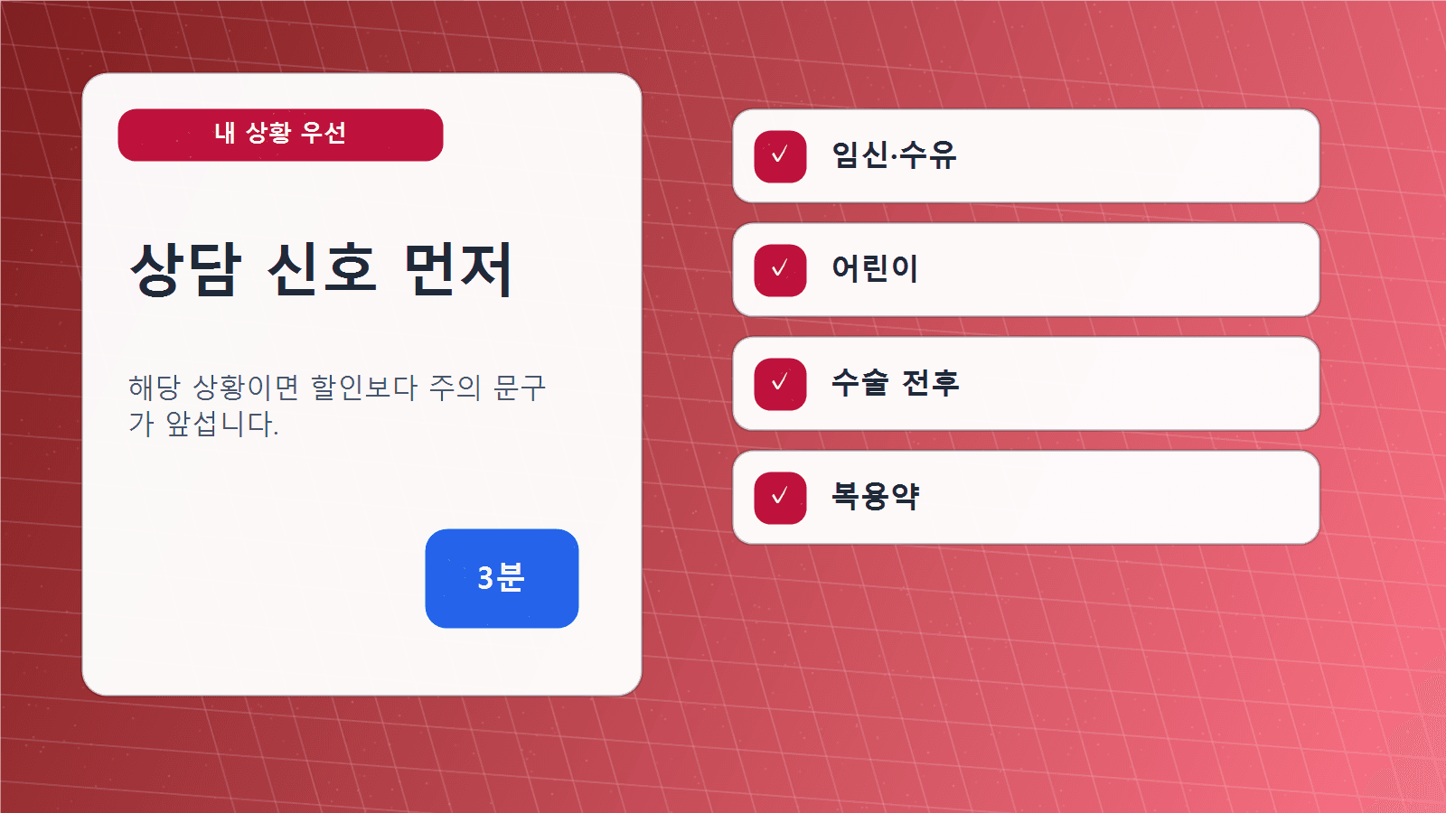 임신 수유, 어린이, 수술 전후, 카페인 민감, 복용약 상담 신호를 카드 형태로 정리한 주의 대상 이미지