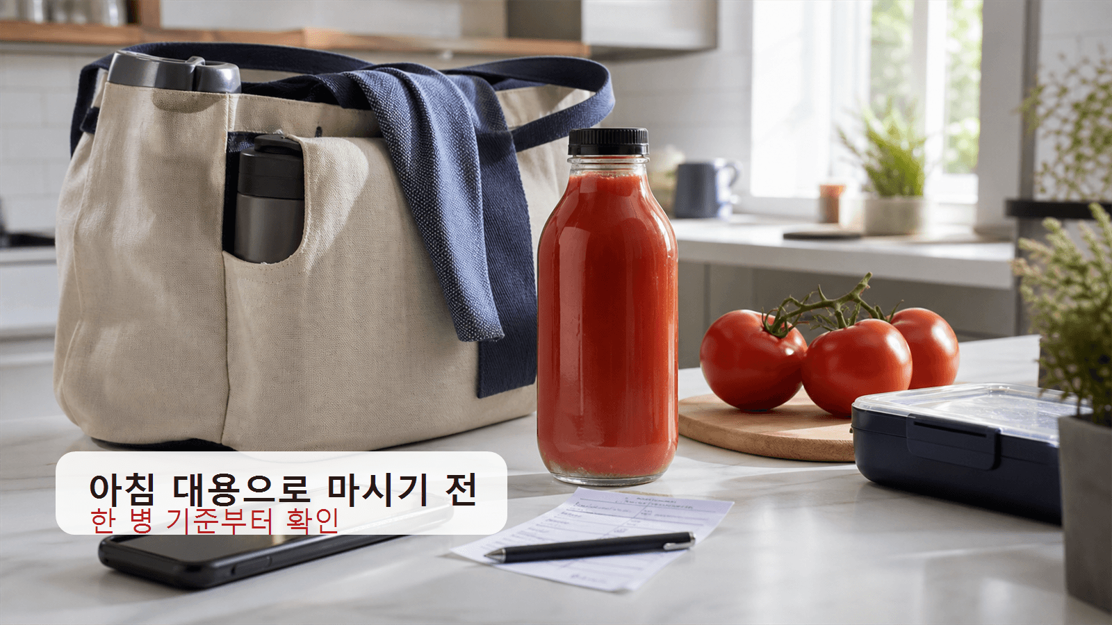 출근길 가방 옆 토마토주스 병과 영양성분표를 함께 놓고 100% 문구보다 당류와 나트륨을 먼저 확인하는 아침 대용 라벨 체크 장면