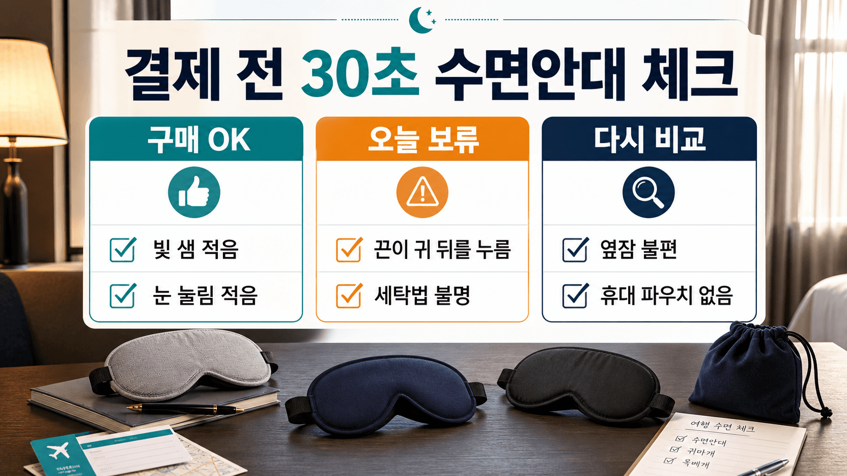 여행 숙소 수면안대를 결제하기 전 구매 OK, 오늘 보류, 다시 비교로 나누는 30초 체크시트