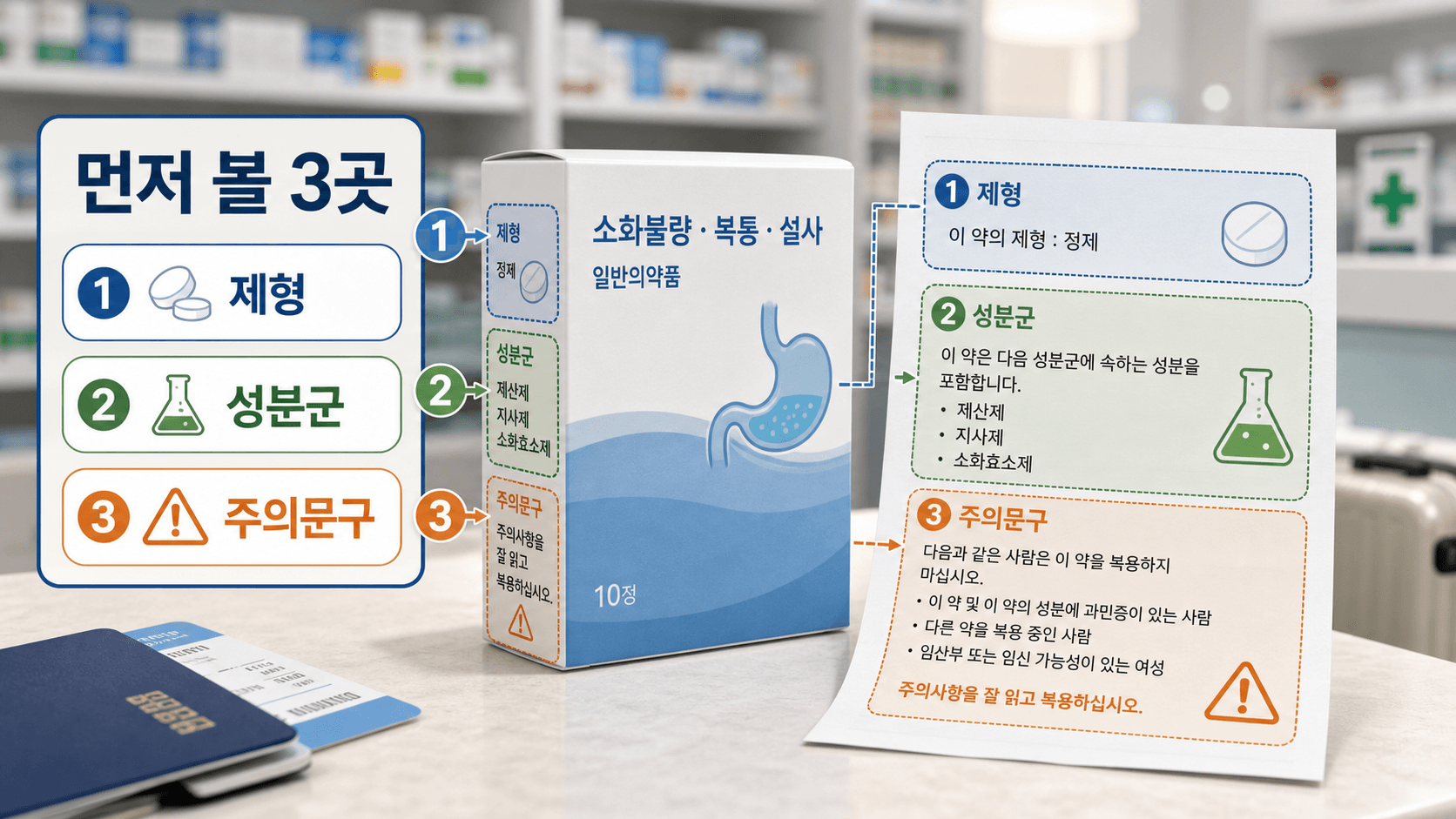 소화제 라벨에서 제형, 성분군, 주의문구를 먼저 보는 예시 지도