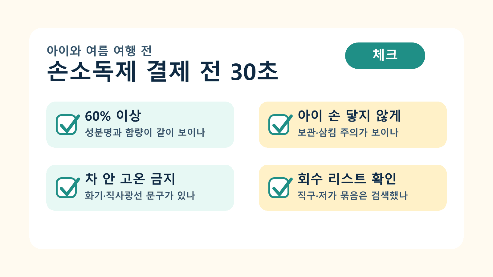 아이와 여름 여행 전 손소독제 결제 화면에서 60% 이상, 아이 보관, 차 안 고온, 회수 리스트를 확인하는 체크리스트