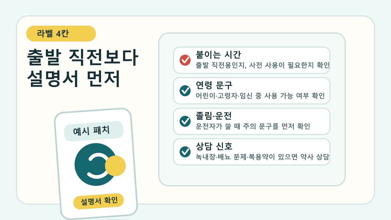멀미약 패치 라벨에서 붙이는 시간, 연령 문구, 졸림과 운전, 상담 신호를 확인하는 4칸 체크 이미지
