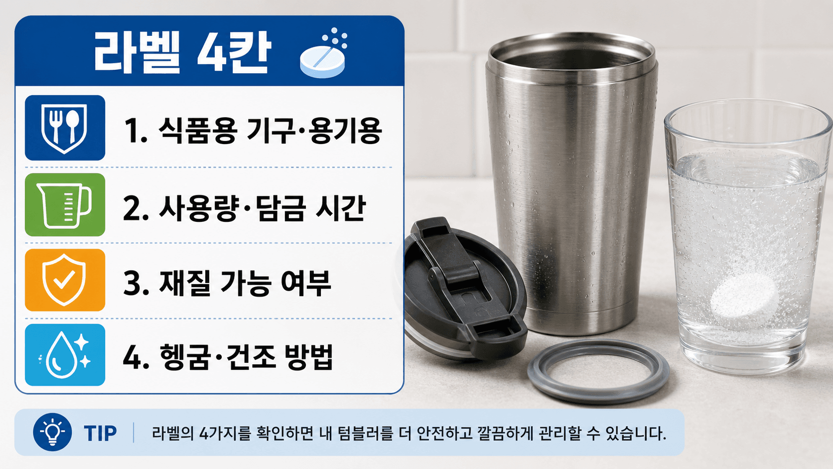 텀블러 세정정 라벨에서 식품용 기구·용기용, 사용량과 담금 시간, 재질 가능 여부, 헹굼·건조 방법을 확인하는 4칸 지도