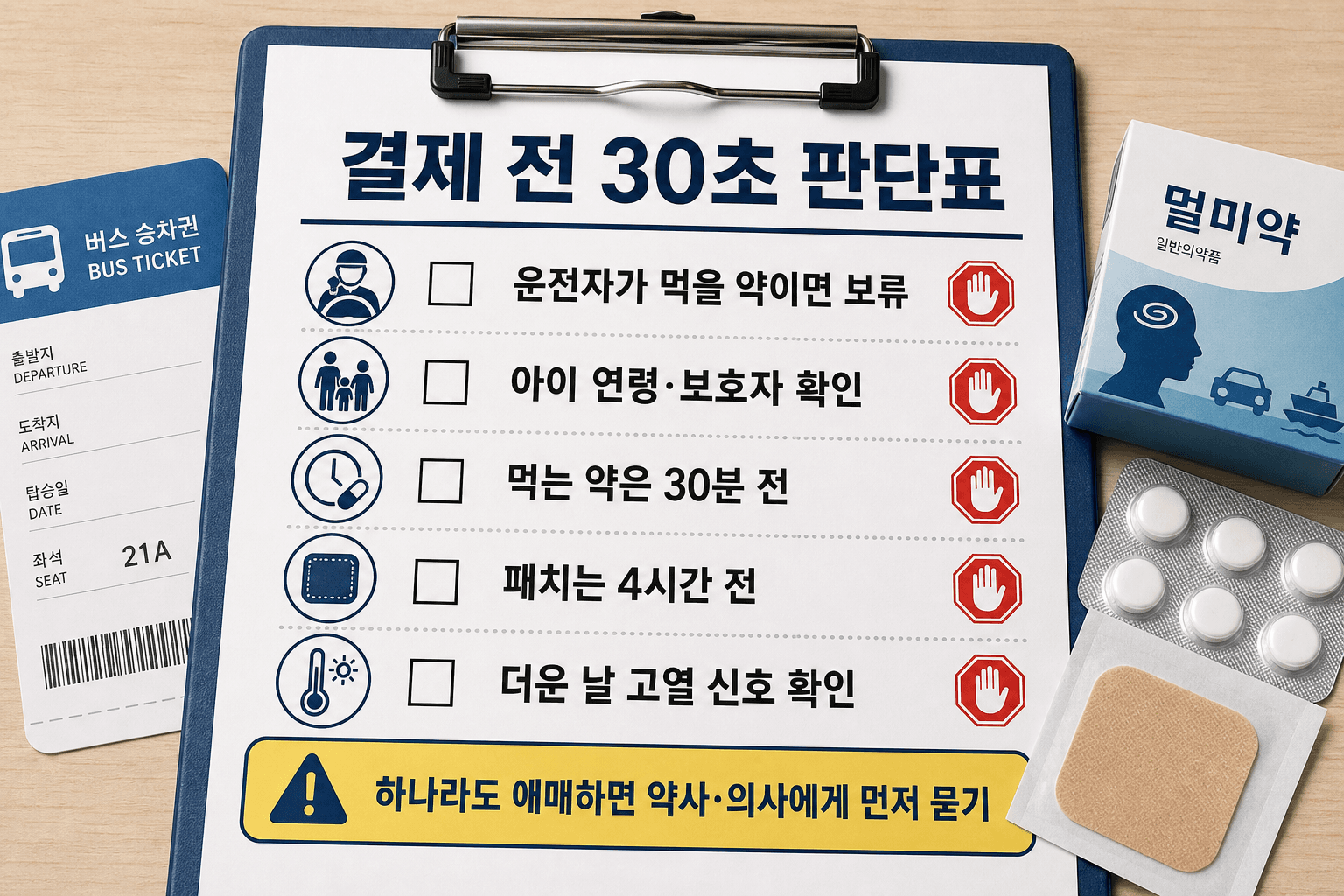 휴가 멀미약 결제 전 운전자, 아이 연령, 복용 시간, 패치 시간, 더운 날 고열 신호를 확인하는 판단표