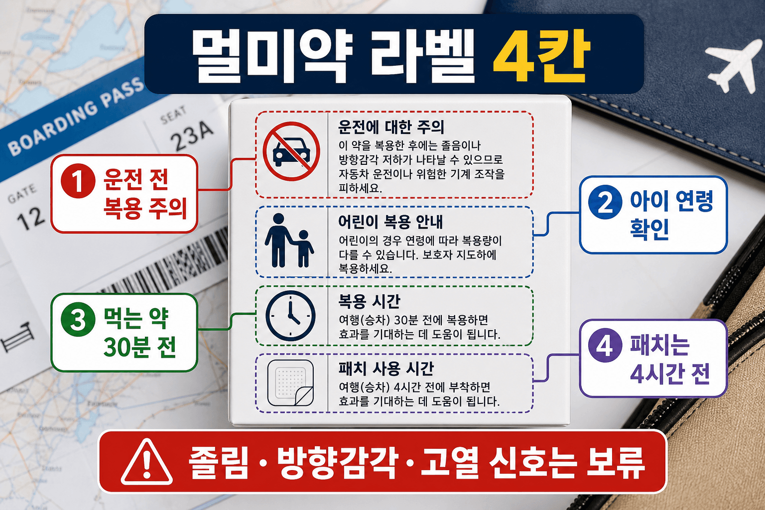 멀미약 라벨에서 운전 전 복용 주의, 아이 연령, 먹는 약 30분 전, 패치 4시간 전을 확인하는 안내 이미지
