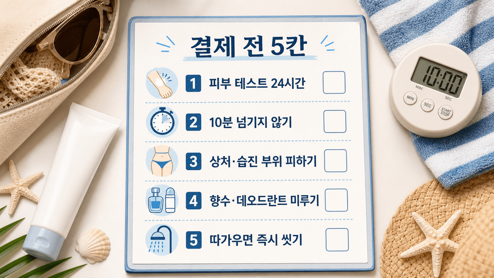 제모크림 결제 전 피부 테스트 24시간, 10분 넘기지 않기, 상처·습진 부위 피하기, 향수·데오드란트 미루기, 따가우면 즉시 씻기를 확인하는 체크리스트