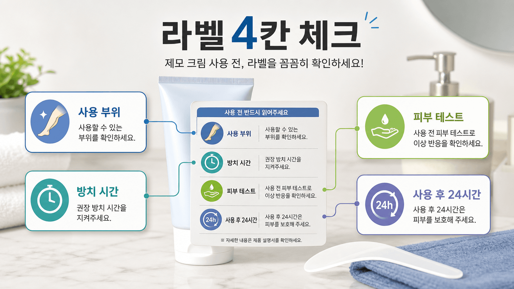 제모크림 라벨에서 사용 부위, 방치 시간, 피부 테스트, 사용 후 24시간을 확인하는 안내 이미지