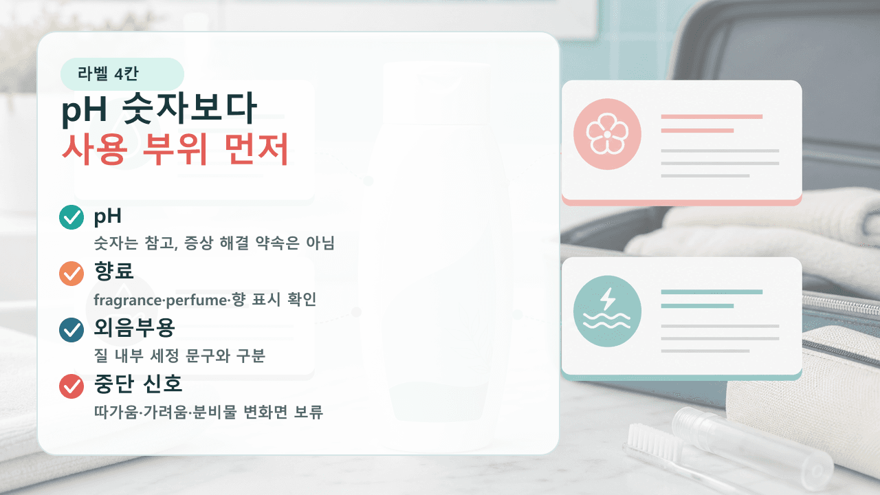 여성청결제 라벨에서 pH, 향료, 외음부용, 중단 신호를 나누어 보는 4칸 지도
