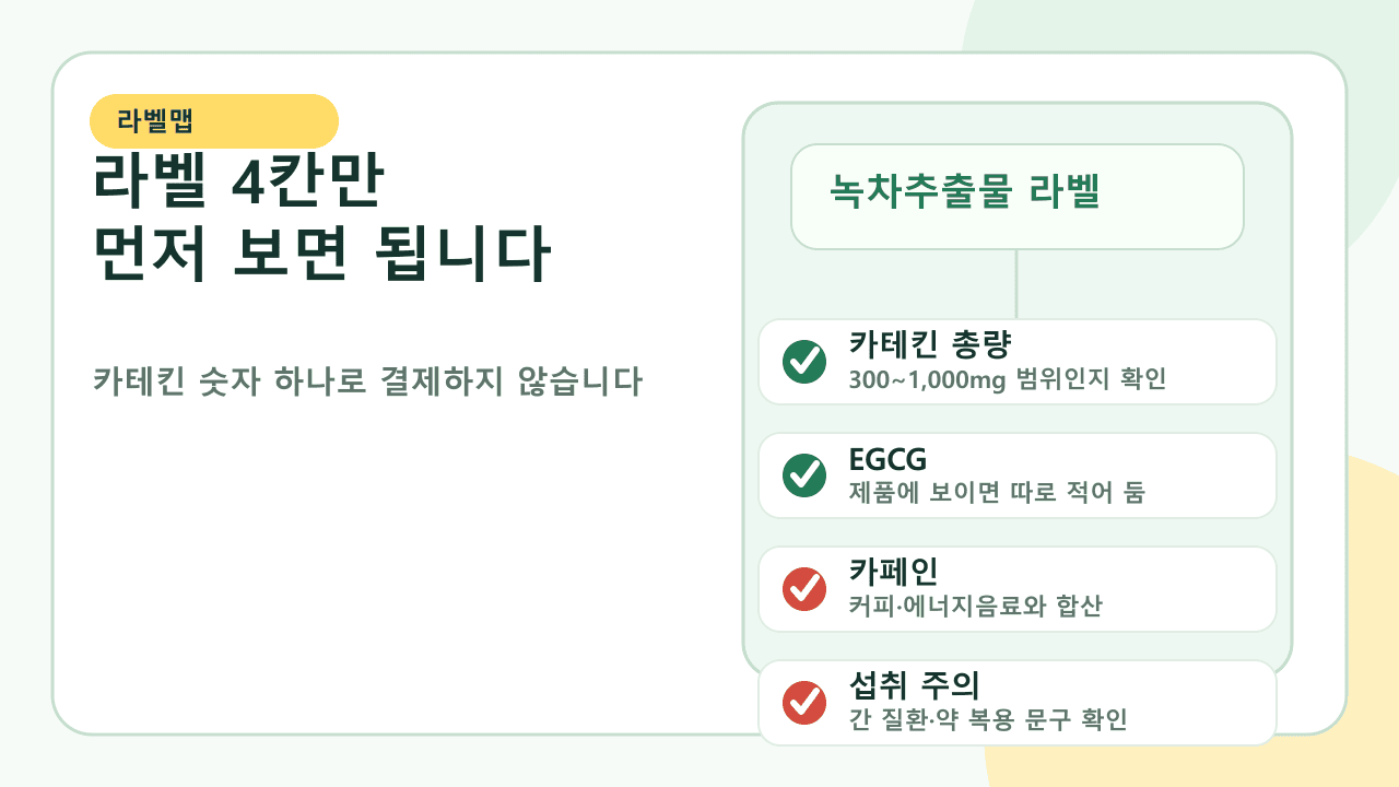 녹차추출물 라벨에서 카테킨 총량, EGCG, 카페인, 섭취 주의 문구를 먼저 보는 4칸 라벨맵