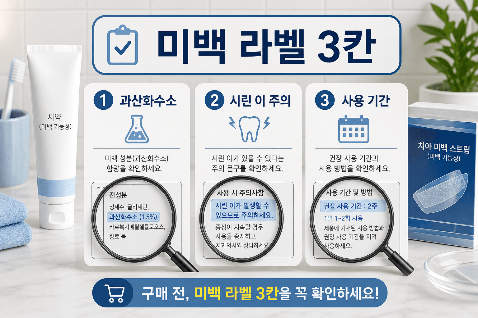 미백치약과 치아미백제 라벨에서 과산화수소, 시린 이 주의, 사용 기간을 확인하는 3칸 라벨 지도