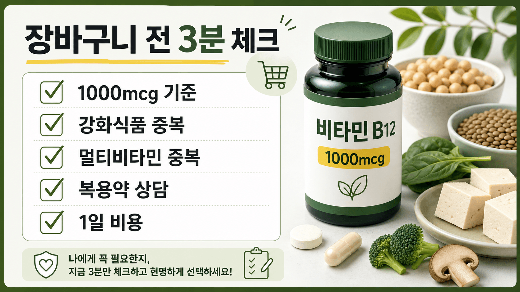 비타민B12 1000mcg 제품을 결제하기 전 강화식품 중복, 멀티비타민 중복, 복용약 상담, 1일 비용을 확인하는 체크리스트