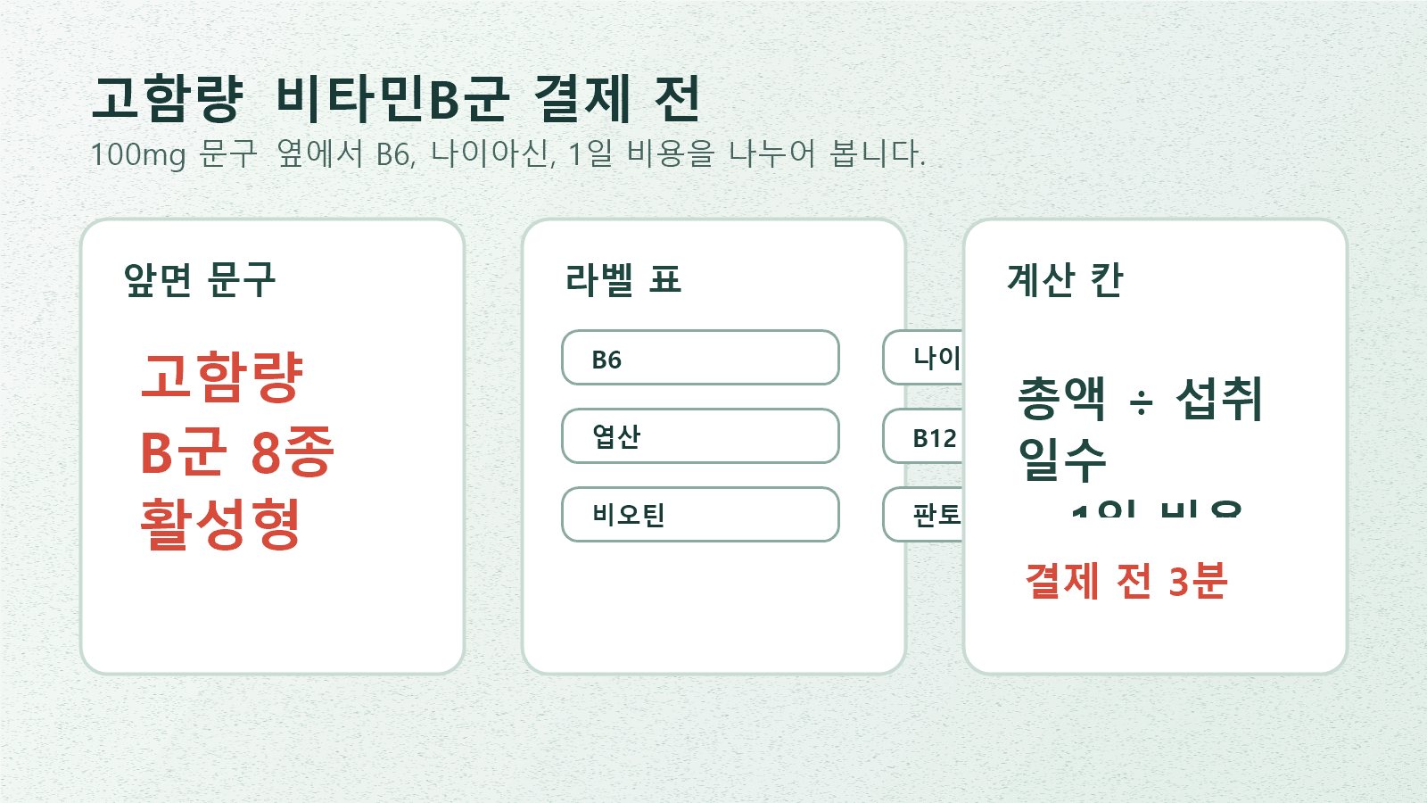 고함량 비타민B군 상세페이지와 영양성분표를 나란히 놓고 B6, 나이아신, 1일 비용을 확인하는 구매 체크 장면