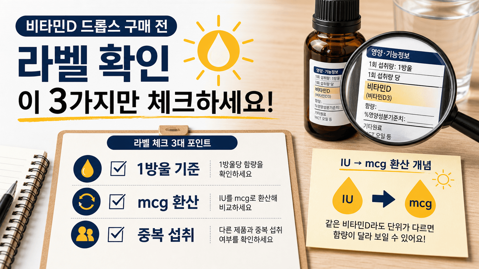 비타민D 드롭 라벨에서 1방울 기준, mcg 환산, 중복 섭취를 확인하는 라벨 맵