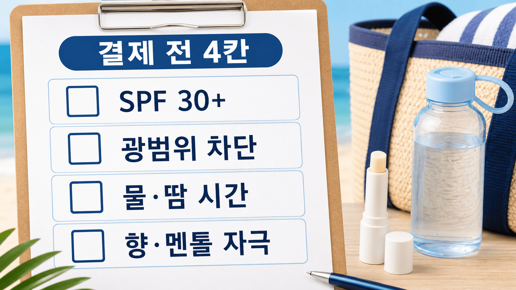SPF 립밤 결제 전 SPF 30+, 광범위 차단, 물과 땀 시간, 향과 멘톨 자극을 확인하는 4칸 체크시트