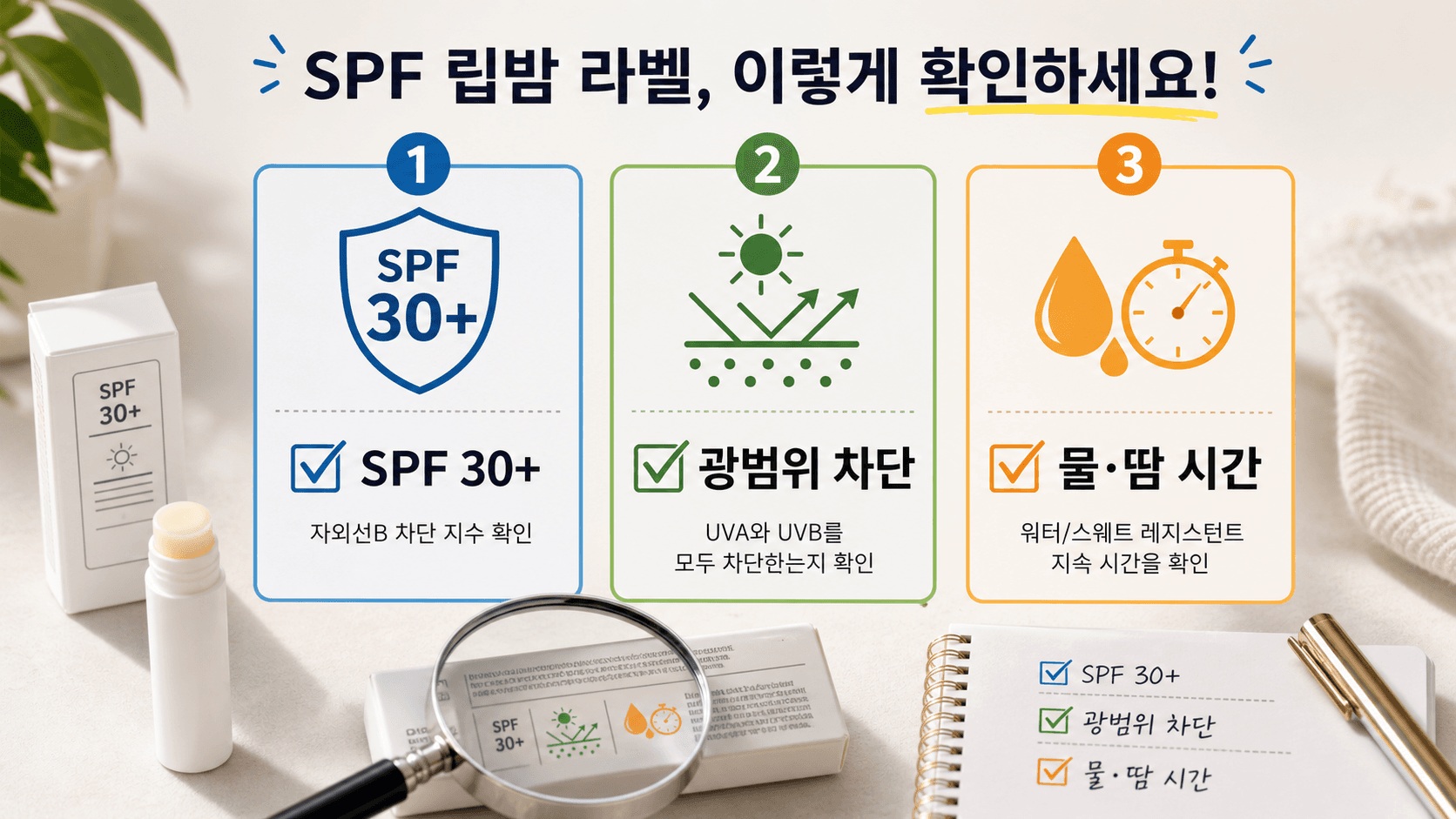 SPF 립밤 라벨에서 SPF 30+, 광범위 차단, 물과 땀 지속 시간을 확인하는 라벨 지도