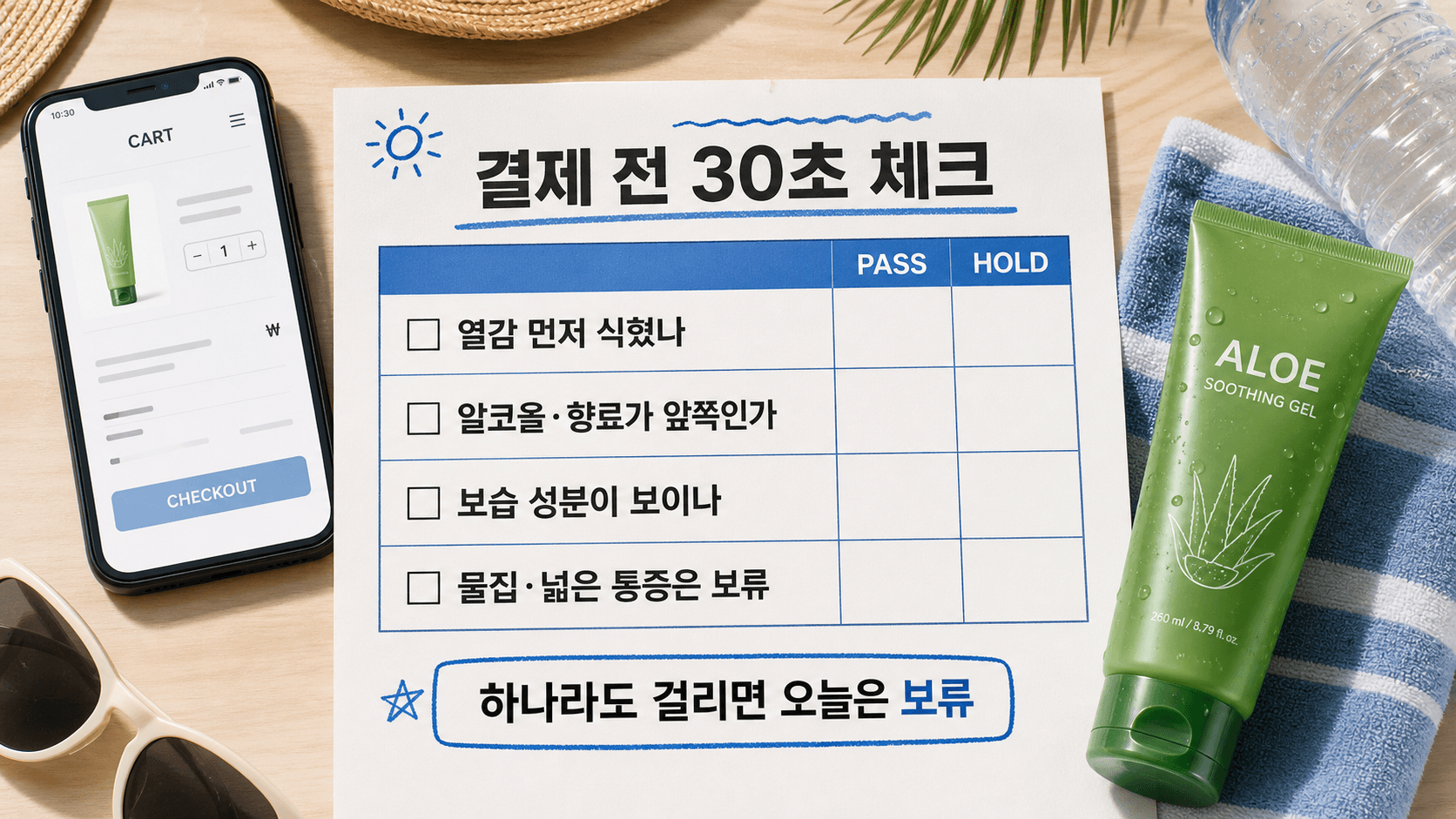 알로에젤 결제 전 열감, 알코올 향료, 보습 성분, 물집 넓은 통증을 확인하는 30초 체크시트