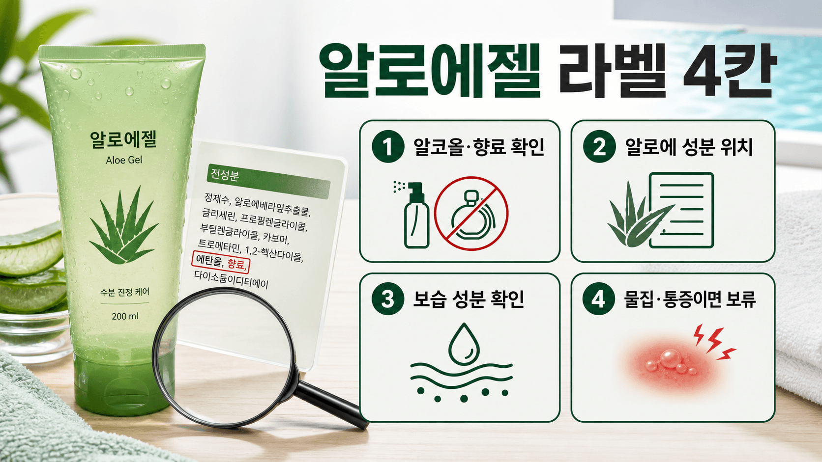 알로에젤 라벨에서 알코올 향료, 알로에 성분 위치, 보습 성분, 물집 통증 보류 신호를 보는 4칸 지도