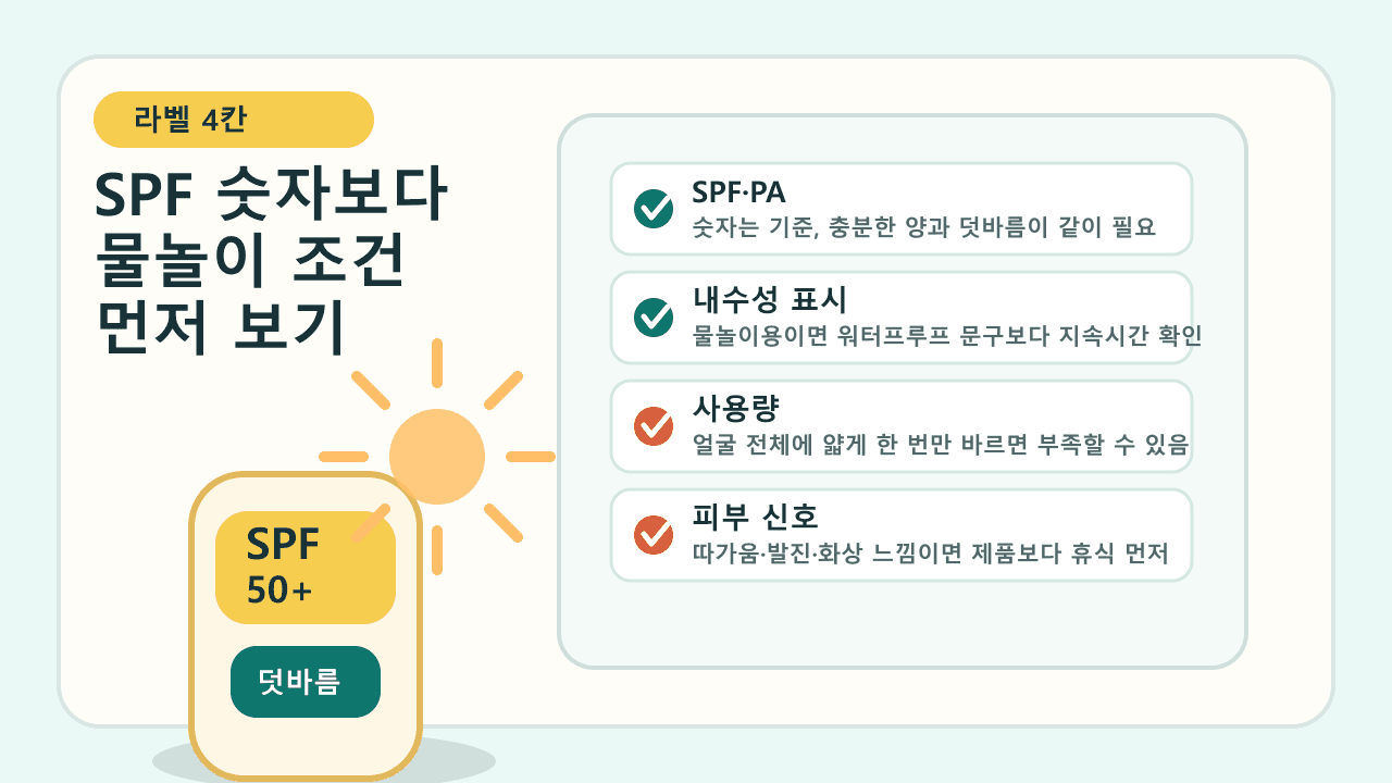 선스틱 라벨에서 SPF와 PA, 내수성 표시, 사용량, 피부 신호를 나누어 확인하는 라벨 지도