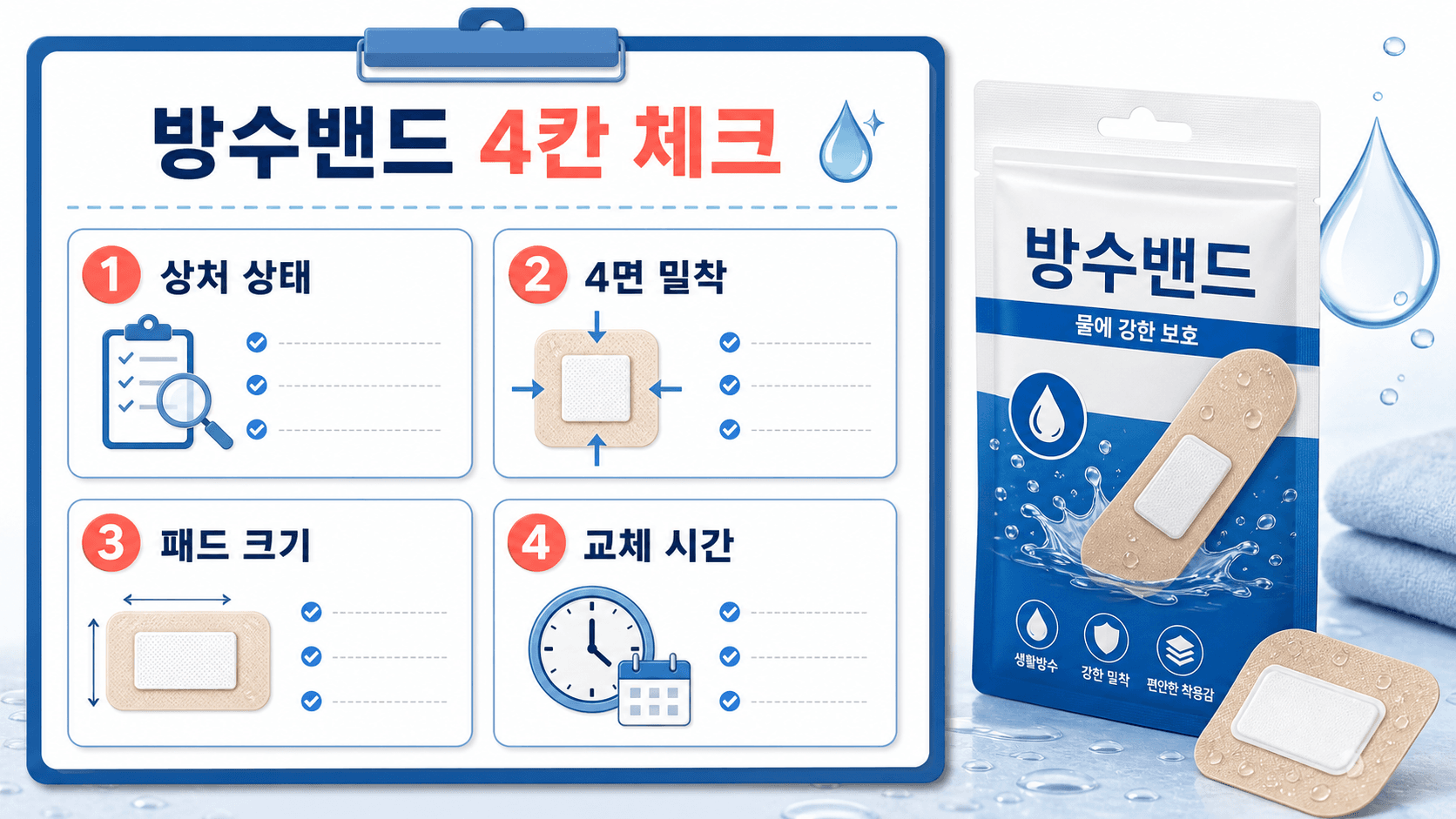 방수밴드 제품을 고를 때 상처 상태, 4면 밀착, 패드 크기, 교체 시간을 확인하는 4칸 체크 이미지