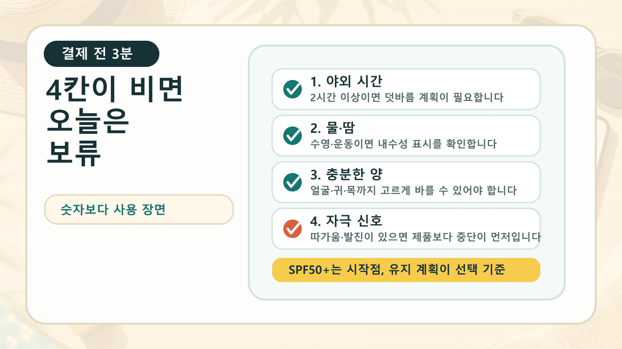 선스틱을 결제하기 전 야외 시간, 물과 땀, 충분한 양, 자극 신호를 확인하는 3분 체크시트