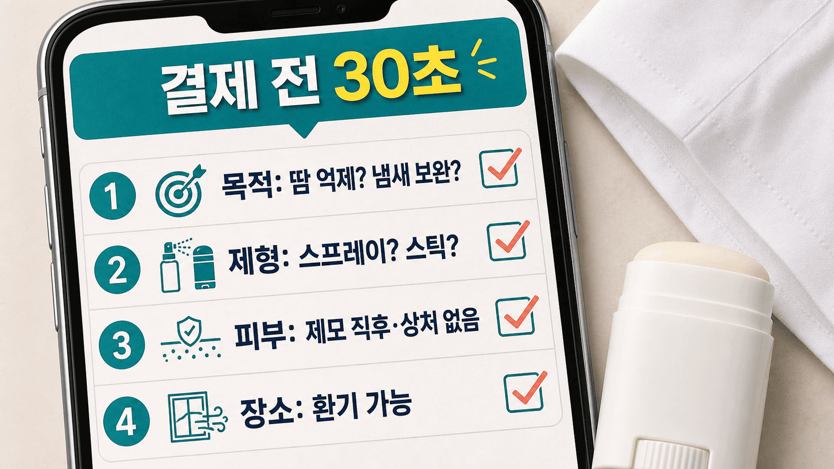 데오드란트 결제 전 목적, 제형, 피부 상태, 사용 장소를 확인하는 30초 체크워크시트