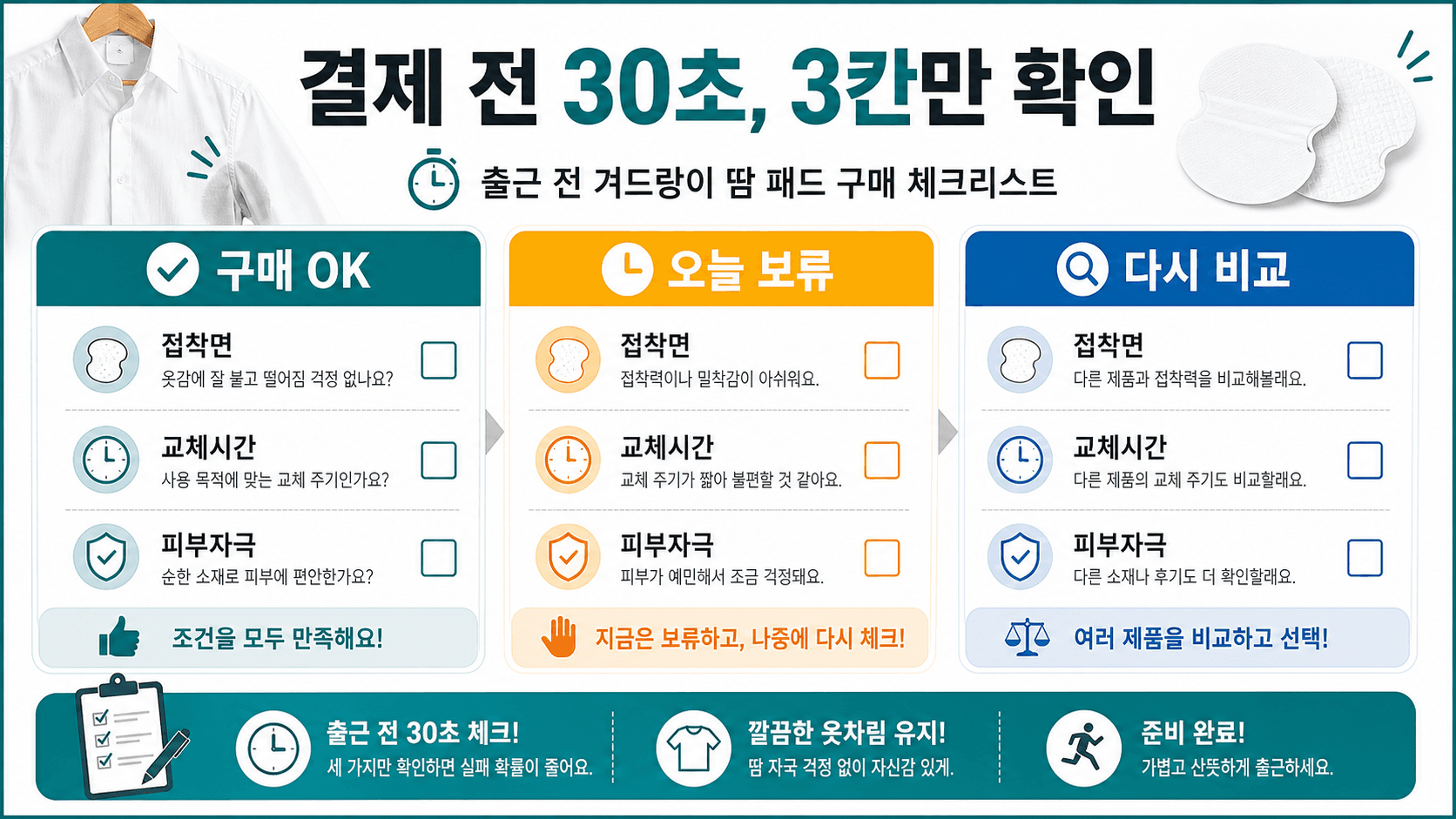 겨드랑이 땀패드를 결제하기 전 구매 OK, 오늘 보류, 다시 비교로 나누는 30초 체크시트