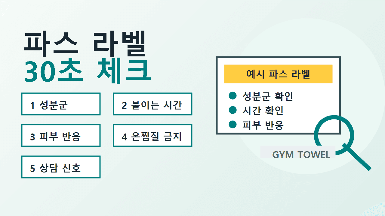 파스 라벨에서 성분군, 붙이는 시간, 피부 반응, 온찜질 금지를 순서대로 확인하는 카드